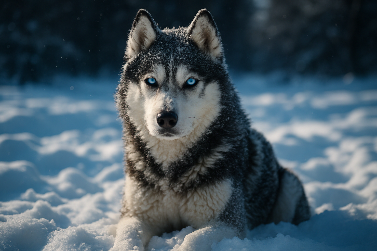 Um majestoso cão husky siberiano de olhos azuis intensos, sentado na neve sob luz natural suave. A textura do pelo contrastando com o fundo nevado cria um efeito visual marcante. A imagem está bem focada, com o fundo desfocado, destacando o cão e proporcionando uma atmosfera serena e fria. A iluminação natural realça os detalhes do rosto e do pelo do animal.